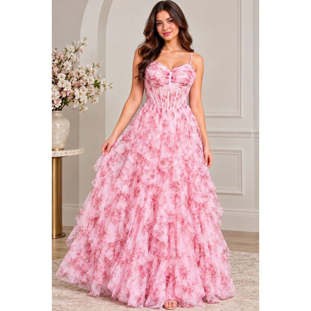 B. Darlin Floral Printed Mesh Sweetheart Corseted Tiered Ruffle Long Gown 9-10